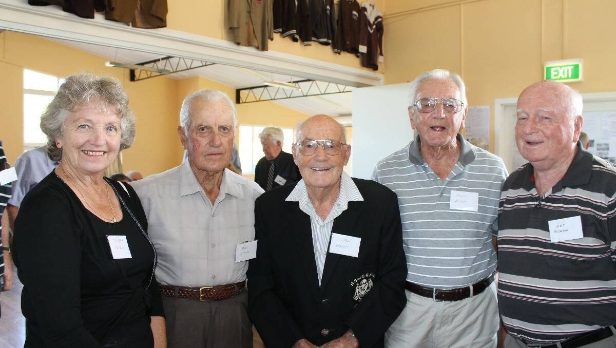  Talking about old times at the Bemboka rugby league reunion are (from left) Maureen Morgan, Bill Allen, Jack Hobbs, Fred Allen and Joe Bobbin. 