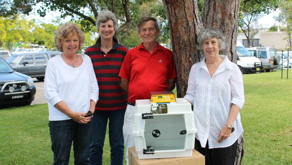 Bill Campbell of the Bega District Garden Club meets members of WIRES (from left) Ann Buller, Margaret Shaw and Louis Katz, and their new humidicrib made possible by a donation from the club.