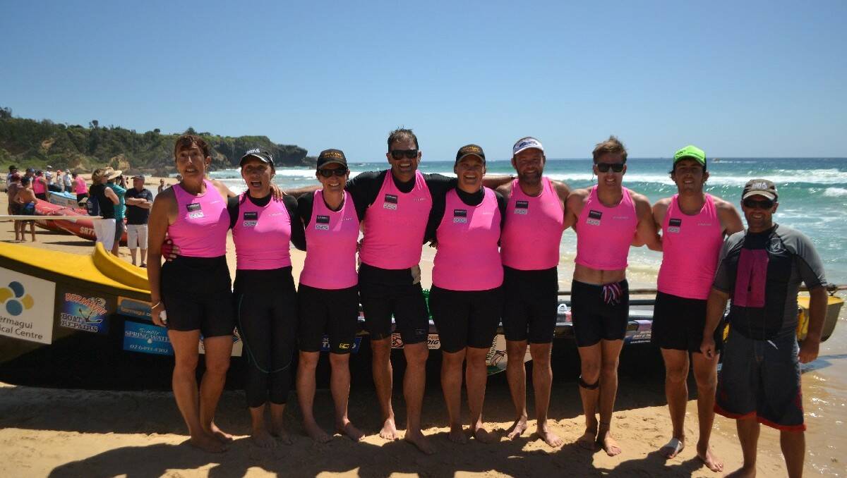 The Bermagui mixed crew, who placed fifth in the men's veteran category of the George Bass Surfboat Marathon on day three.