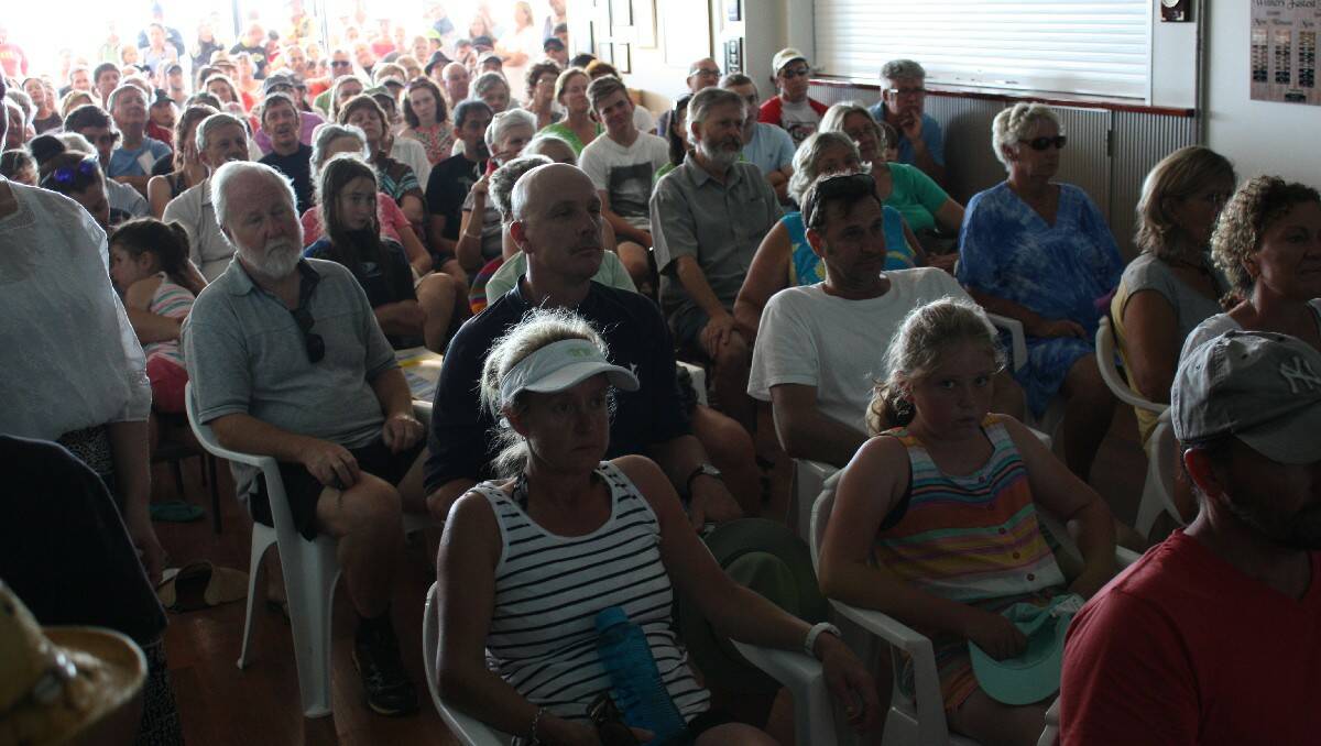 An estimated 400 people pack into the Tathra surf club to listen to the informative talk by rip scientist Dr Rob Brander.