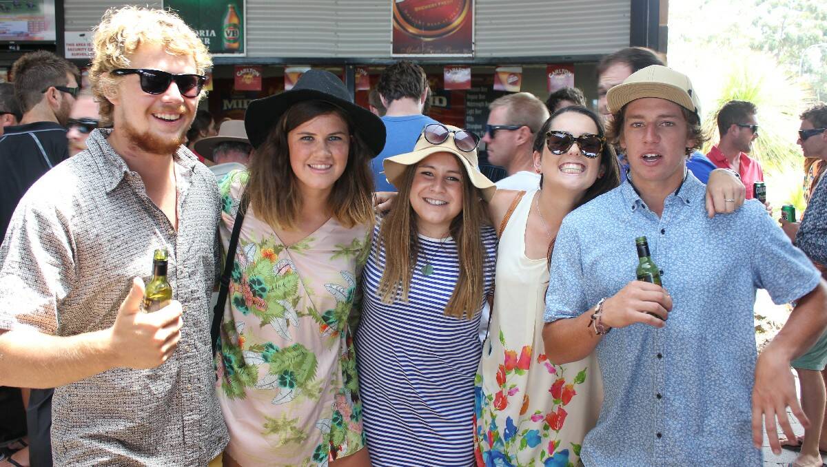 Having a great day out at the Sapphire Coast Turf Club are (from left) Clancy Mills, Feebee Greg, Georgia Meg, Carly Maher and “Tucker”. 