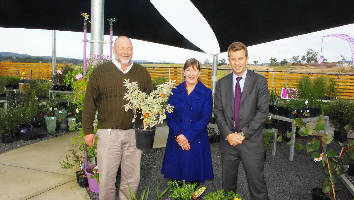 Member for Bega Andrew Constance (right) meets grateful Tulgeen Disability Services representatives Nick Machan and Sue Hartemink at Riverside Nursery on Wednesday.