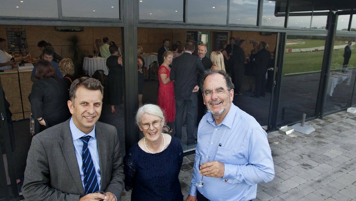 At Tulgeen’s 30th anniversary celebration at Sapphire Coast Turf Club are (from left) Member for Bega Andrew Constance, Tulgeen chairwoman Gae Rheinberger and CEO Pete Gorton. Photo: Peter Smith.