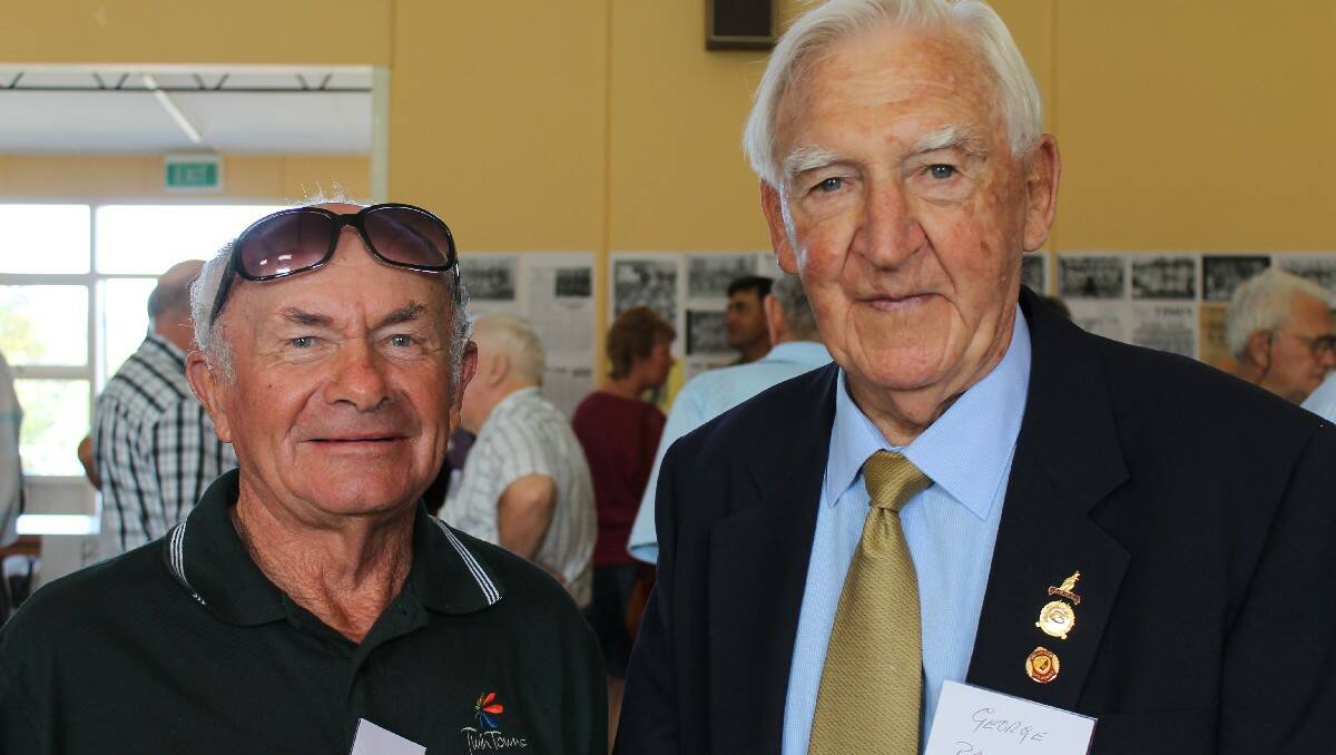   Barney Love (left) from the 1954 Bemboka Rugby League Club team with George Barker, former Group 16 president.