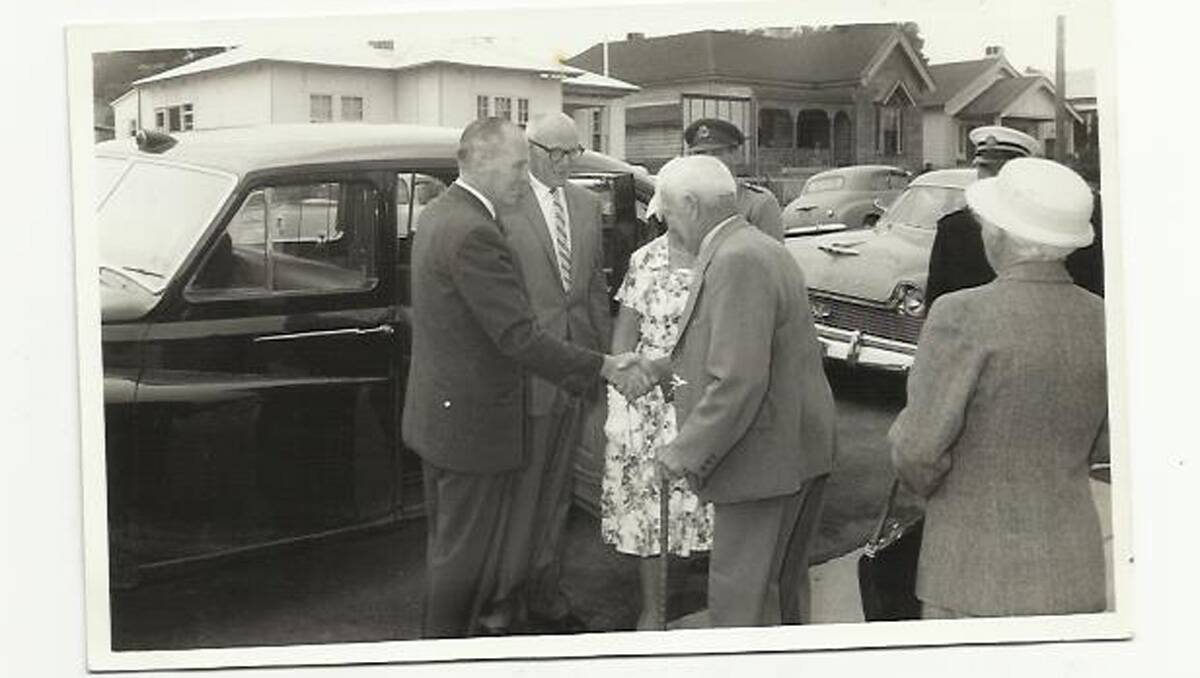 Frank Zingle welcomes Governor Northcott during his inspection of the Bega Ambulance Station. Frank was a long-standing Bega Mayor, Fire Captain and Chairman of the Bega District Ambulance Committee. 
