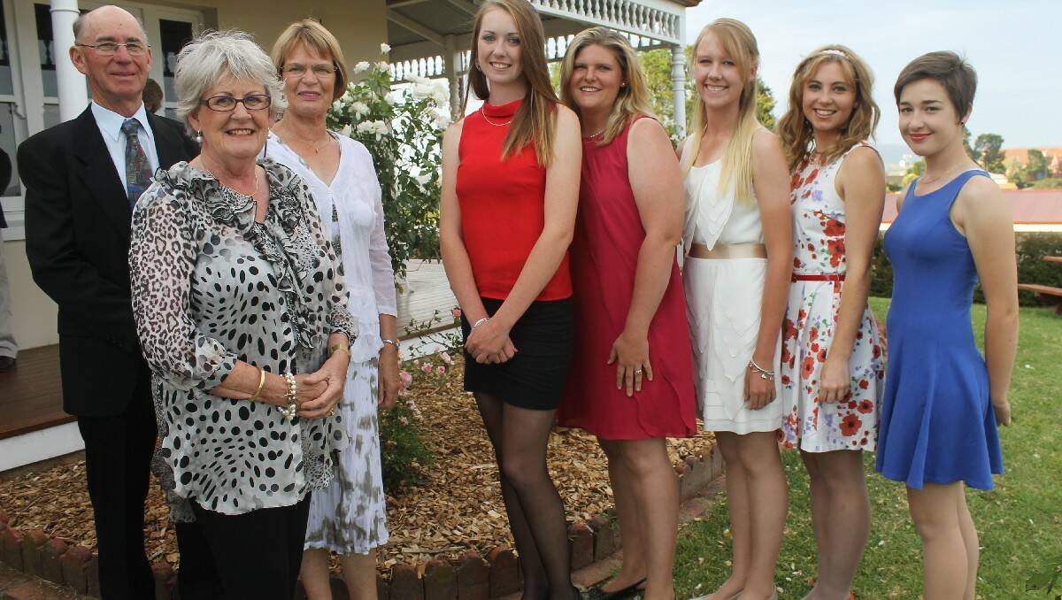 Bega Showgirl judges (from left) Frank Irving, Margaret Collins and Cynthia Irving congratulate this year’s entrants Jessie Stephens, Ashleigh Richardson-Hough, winner Brodie Chester, runner-up Georgia Shellard and Charlotte Oastler.