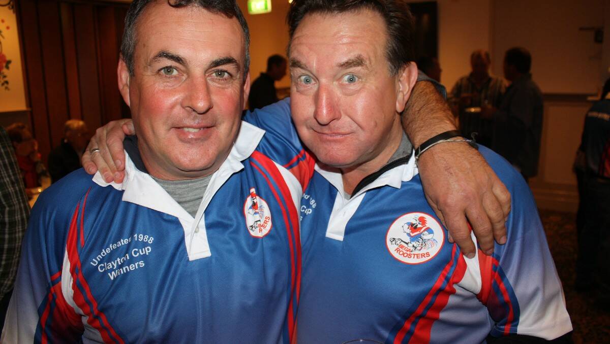 Enjoying the Roosters reunion dinner are Gerard Hanscombe and Darrell Worley.