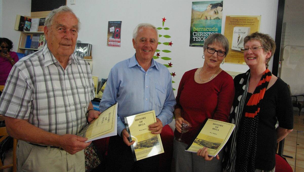 At the launch of the reprint of Bayley’s A History of Bega at Candelo Books are (from left) president of the Bega Valley Historical Society Peter Rogers, Bega Valley Shire Mayor Bill Taylor and Sandra Florance and Lorna Elliott from the Bega Valley Historical Society.