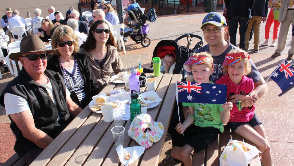 At Bega's Australia Day breakfast are (from left) Keith and Pam Lodge of Kalaru, and Naomi Connor, Lukas, Lachlan and Chelsea Trevascus from the ACT.