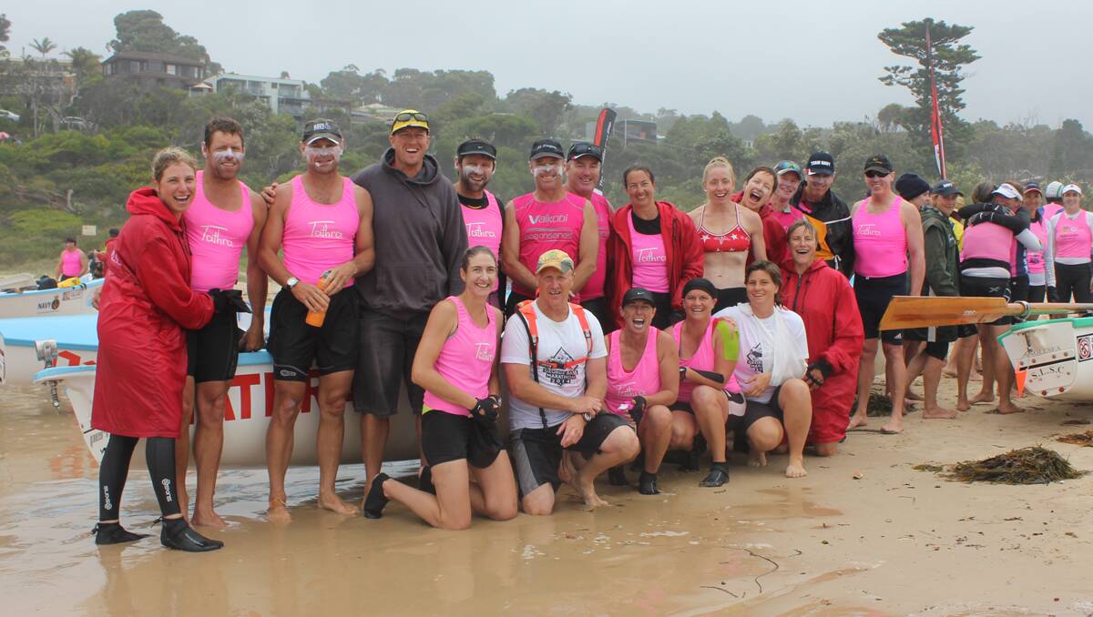 The two Tathra teams celebrate finishing the sixth day of competition in the George Bass Marathon today (Friday) at Pambula Beach.