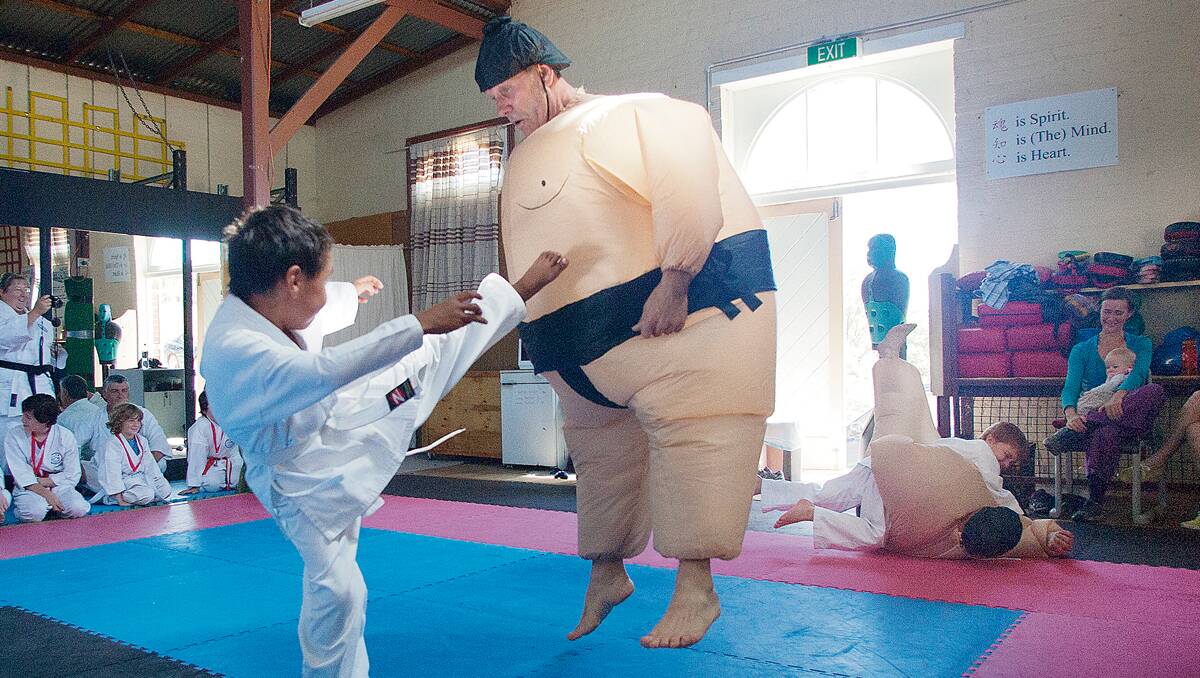 • Karl Maher sends sumo wrestler Andy Zarins, aka Mr Sookie La La, flying with a high kick during the Candelo Dojo’s presentation day recently.