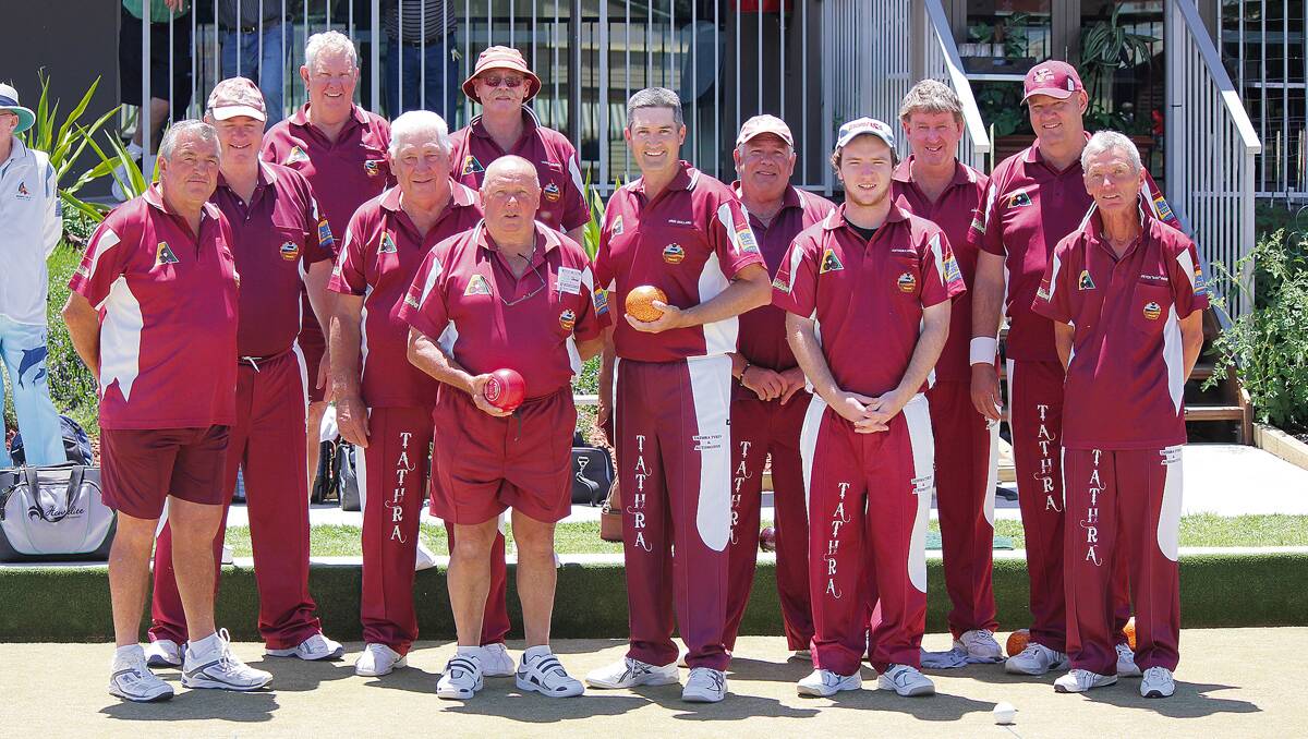 • Bowlers from Tathra combining for a little friendly rivalry in the Drakes Pride Super Sixes final on Sunday are (from left) the Warriors Gerry Lay, John Chalker, Jeff Munz, Barry Lemon, Terry Wilson and Hedley Waugh (with red bowl) and the Renegades  Greg Mallard (with orange bowl), Richard Sinclair, Anthony McKenna, John Black, Larry Seely and Peter Rose.