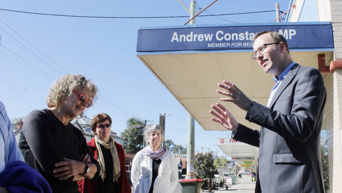 • Greens MP David Shoebridge addresses a small staged protest of State Government planning laws outside Andrew Constance’s Bega office on Tuesday.