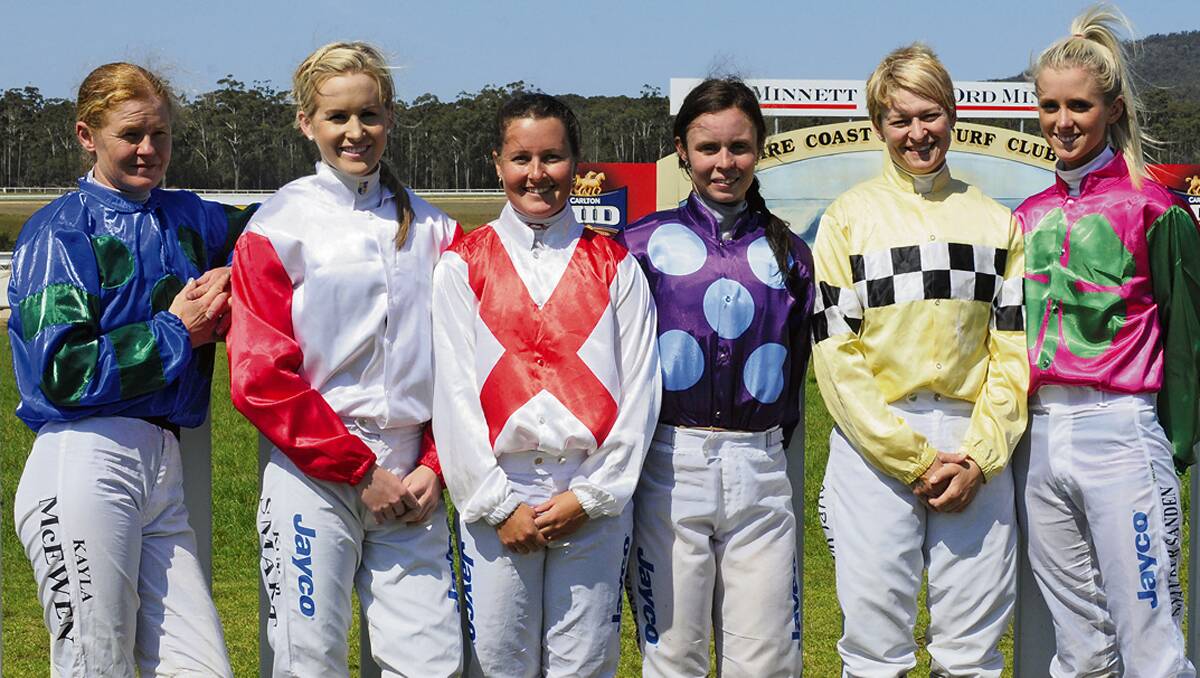 • Female jockeys who regularly race at the Sapphire Coast Turf Club are (from left) Kayla McEwen, Kristen Smart, Shelley Walsh, Natasha Winton, Lauri Wray and Amy Van Der Sanden. This weekend is the turf club’s first two-day carnival, which will feature a massive field of trainers and jockeys across the 14-race card. 