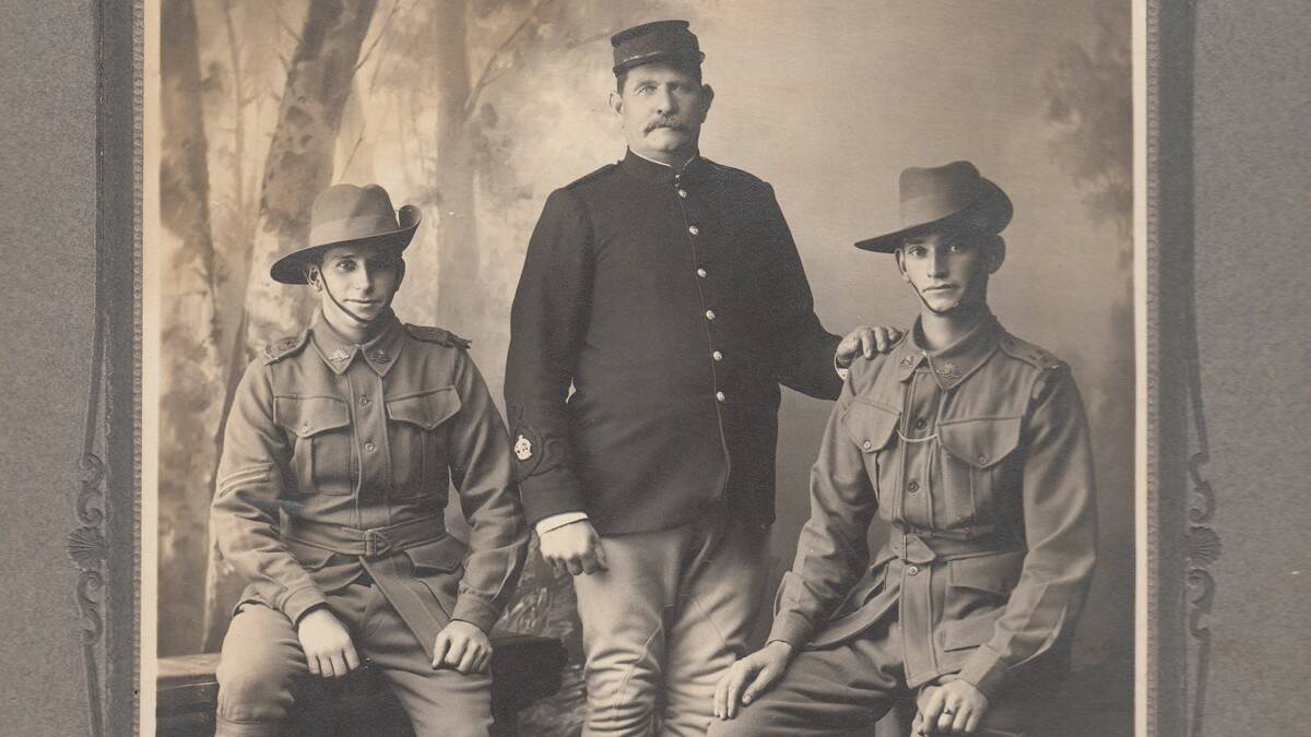 The Nancarrow brothers Roland (left) and Richard, 17th Battalion, with their father Crown Sergeant Richard Nancarrow of the NSW Mounted Police on July 18, 1915, the day before the boys left Australia for WW1.  