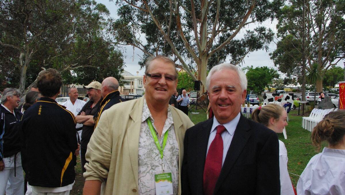  Bega Valley Shire Australia Day ambassador Bruce Venables chats with Mayor Bill Taylor.