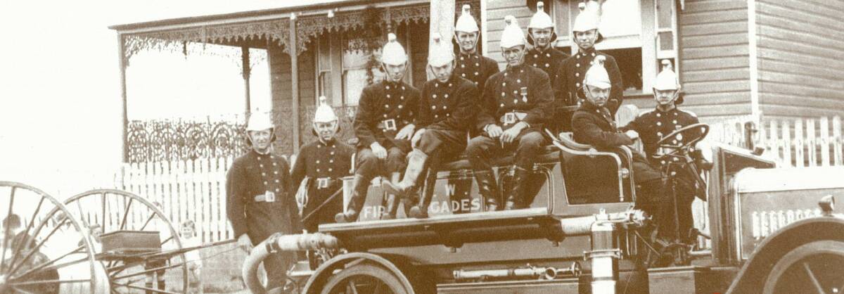 The Bega Fire Brigade in 1935: (left to right) Rolf Lassen, Frank Zingel, Harry Coustance, Bill Johnston, Harry Riley, Jack Burton, Rodney Rutter, Albert Solomon, John Rutter, and Keiry Flood.