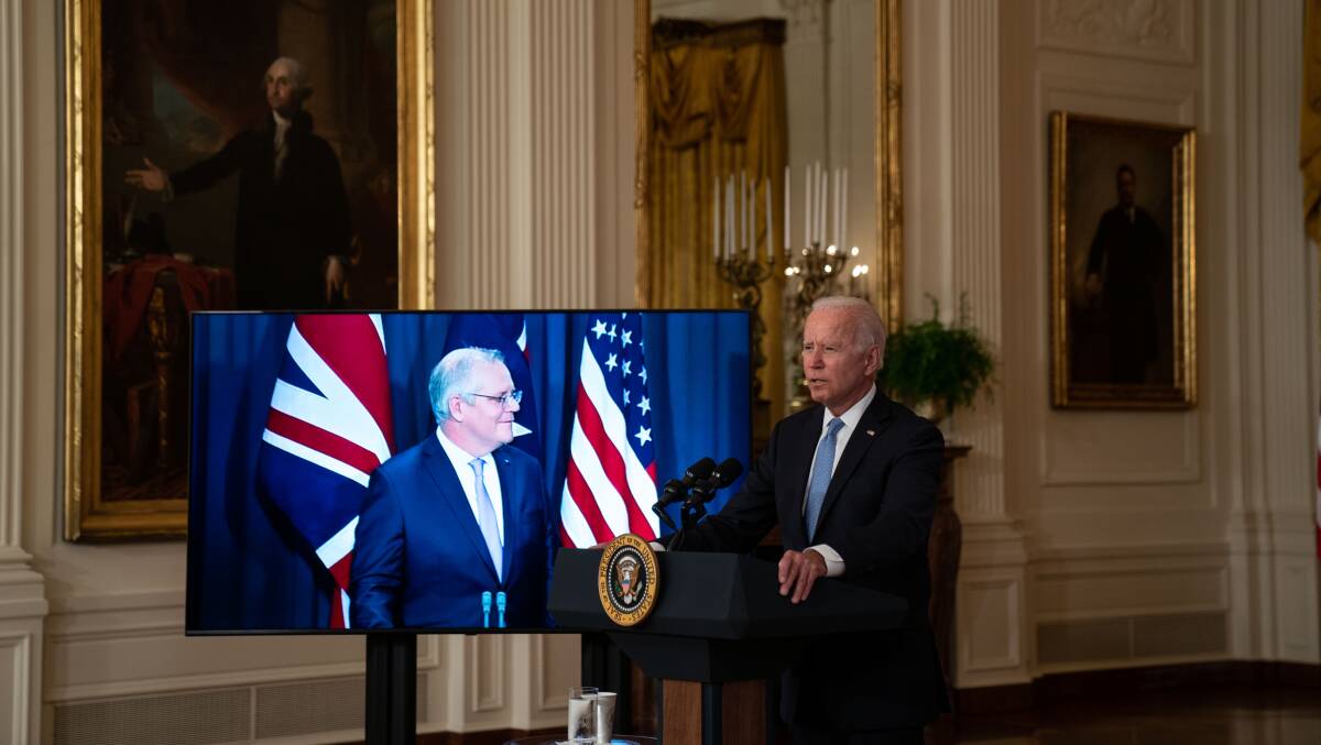 Prime Minister Scott Morrison and US President Joe Biden jointly announced the trilateral AUKUS deal to share knowledge on nuclear-powered submarines. Picture: Getty Images