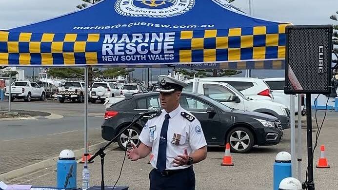 Deputy commissioner for Marine Rescue NSW, Alex Barrell, makes a speech for the newly opened training facility for Marine Rescue Eden. Picture supplied. 