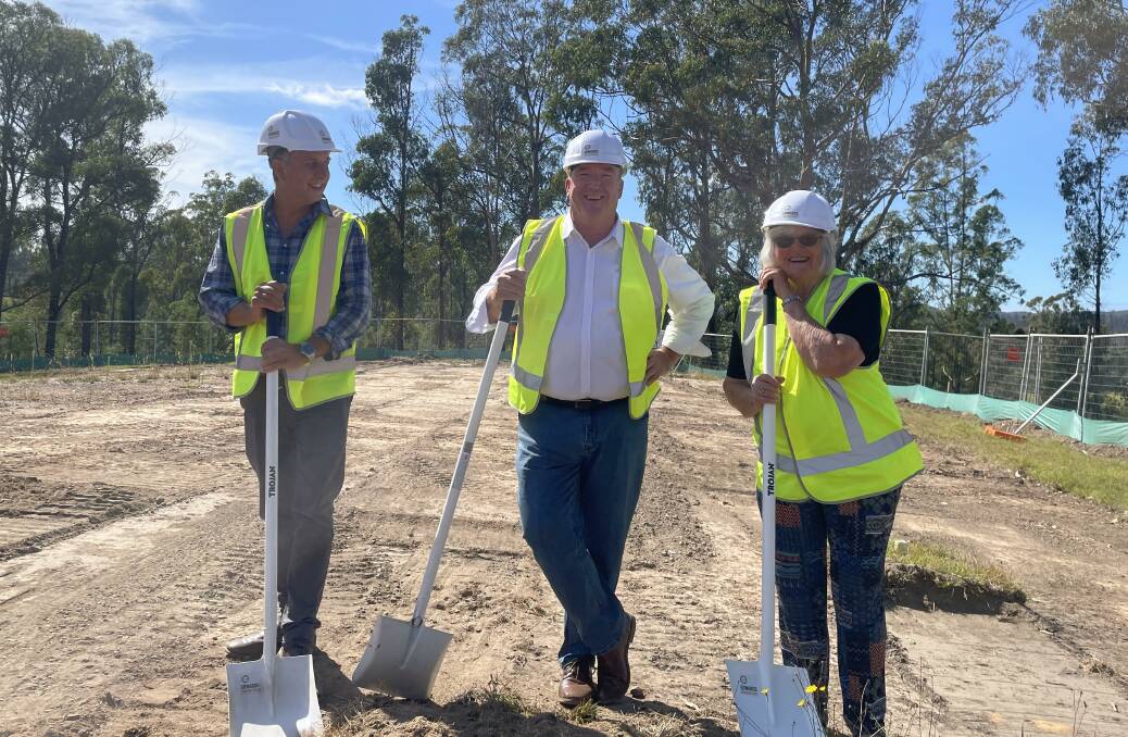 The sod turning event for the Kiah Community Hall rebuild project on February 27, 2023. Left to right - Andrew Constance, Russell Fitzpatrick and Clare McMahon. Picture by Amandine Ahrens. 