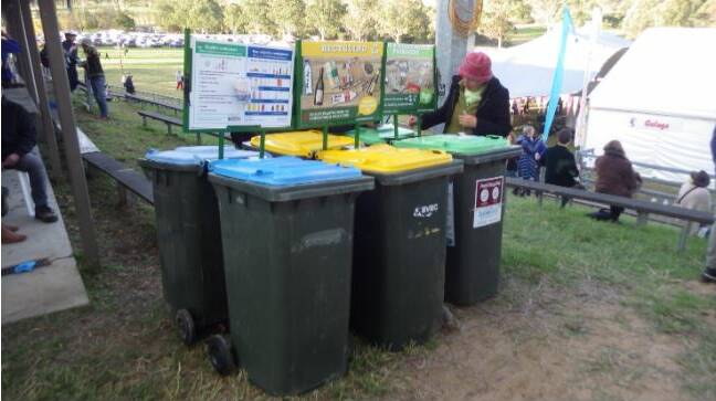 The bins were set up as an eight bin station throughout the Cobargo Showgrounds for the Folk Festival. Photo supplied.