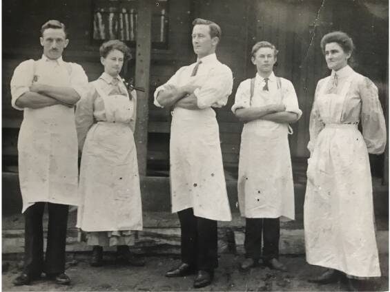 Andrew Godfrey (centre) out front of the Island Cheese Factory with members of his family including daughter Ethel McKissack (left) and sister-in-law Harriet Williams. Photo from the BVGS collection 