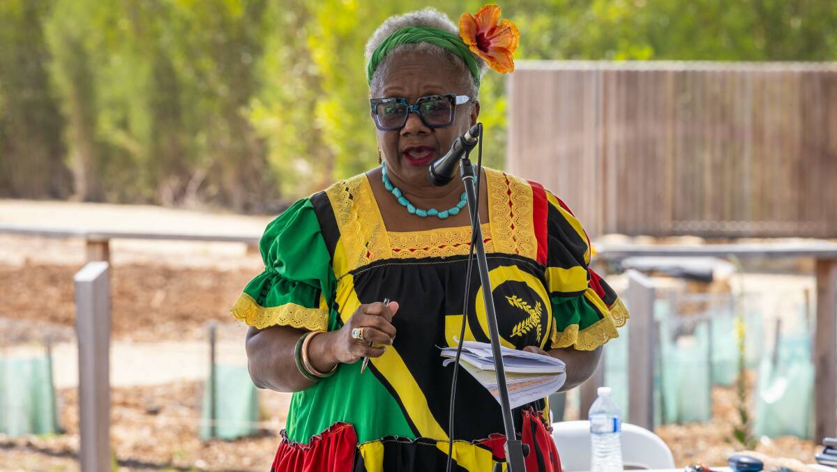 Waskam Emelda Davis speaks to the crowd at the Beowa National Park Renaming Celebration on November 11, 2023. Picture by David Rogers