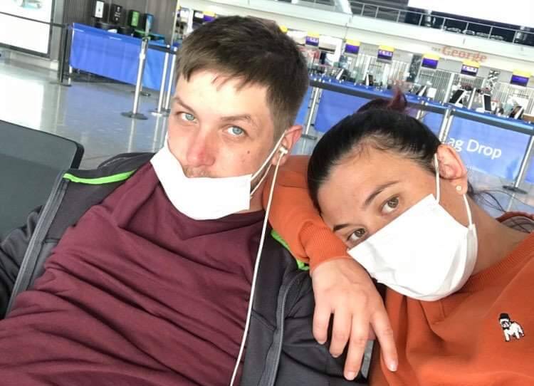 Brett Goodison and Kelly Young stuck in London airport in late October 2020, photo supplied. 