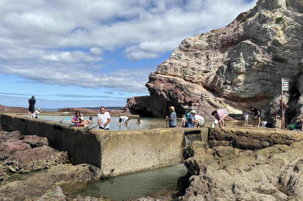 Community members from across the Bega Valley attend the big sand scoop out event at Aslings Rock Pool on Saturday February 24. Picture supplied. 
