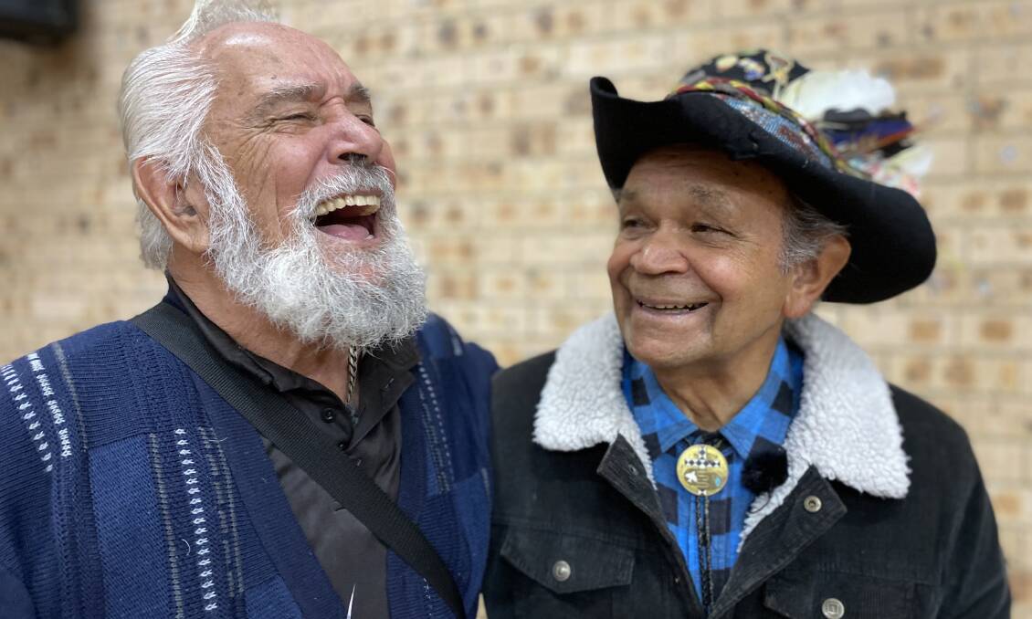 Uncles Ossie Cruse and Ossie Stewart share a laugh during the week of rehearsals leading up to their performance at Giiyong Festival, 2022. Photo supplied