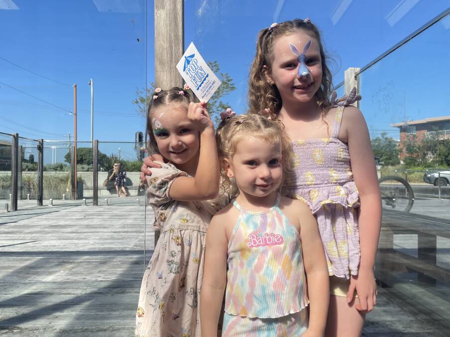 Mila and Harper Stewart with Alianna Johnson at the Easter in Merimbula event on March 30, 2024. Picture by Amandine Ahrens. 