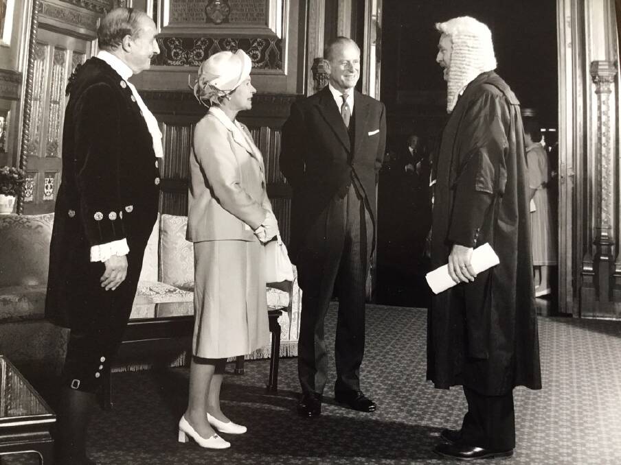 Sir Kerry Burke visits Queen Elizabeth and the Duke of Edinburgh at a Commonwealth Speakers conference in Westminster in 1988. Photo supplied. 