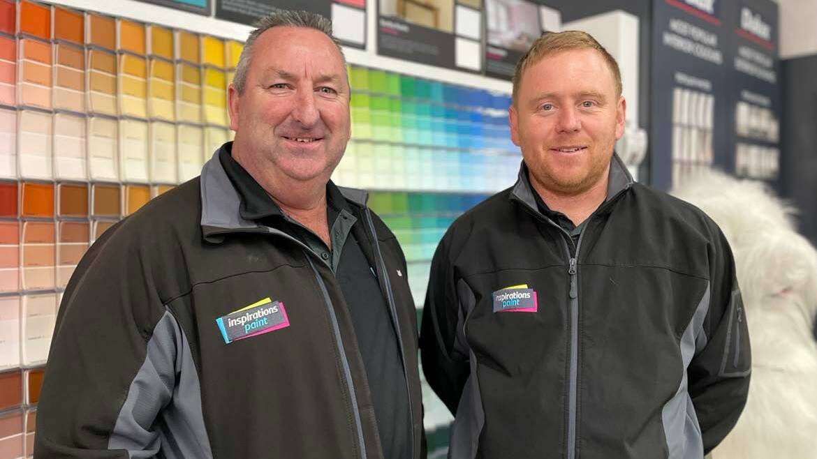 Former Bega Inspirations Paint shop owner John Watkin said he is happy to see leave the store in good hands. John Watkin and Jacob Muthsam. Photo: Amandine Ahrens