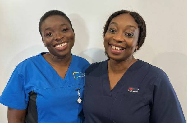 Sisters Nwanyi Njoku and Chinyere Okpara dressed in their healthcare uniform. Photo supplied.