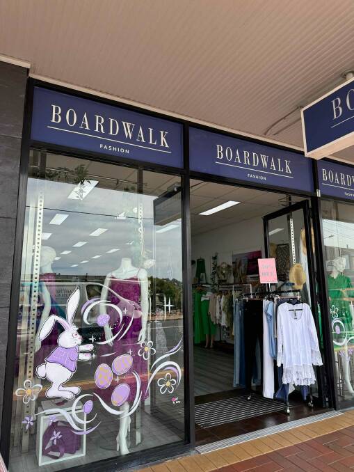Boardwalk fashion boasting artworks by Netty Heinze-Graham for the Easter Windows initiative in Merimbula. Picture by Jess O'Donnell. 