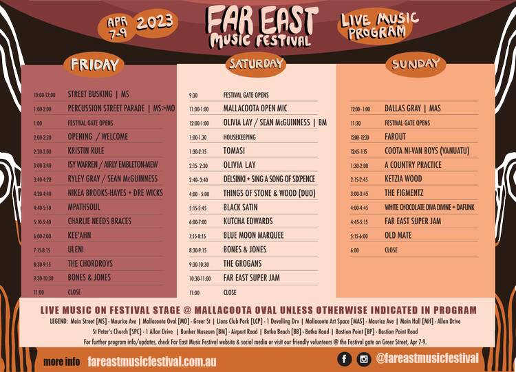 The Far East Music Festival live music program for April 7-9, 2023. 