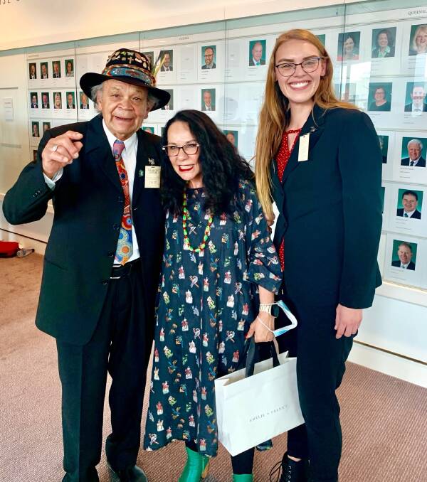 Uncle Ossie Cruse alongside Minister for Indigenous Australians Linda Burney and Lumen Christi Catholic College Indigenous coordinator Tamika Gaudie at Parliament House, Canberra in August 2023. Picture by Robin Cruse. 