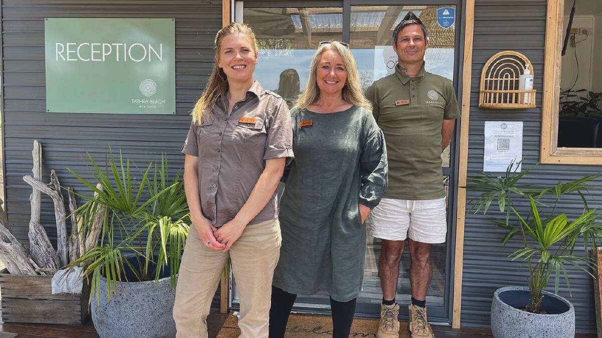 The Tathra Beach Eco Camp team welcomes people to the newly redeveloped site - (from left) Becky Whitehead, Carmen Risby and Matthew Holloway. Photo: Amandine Ahrens