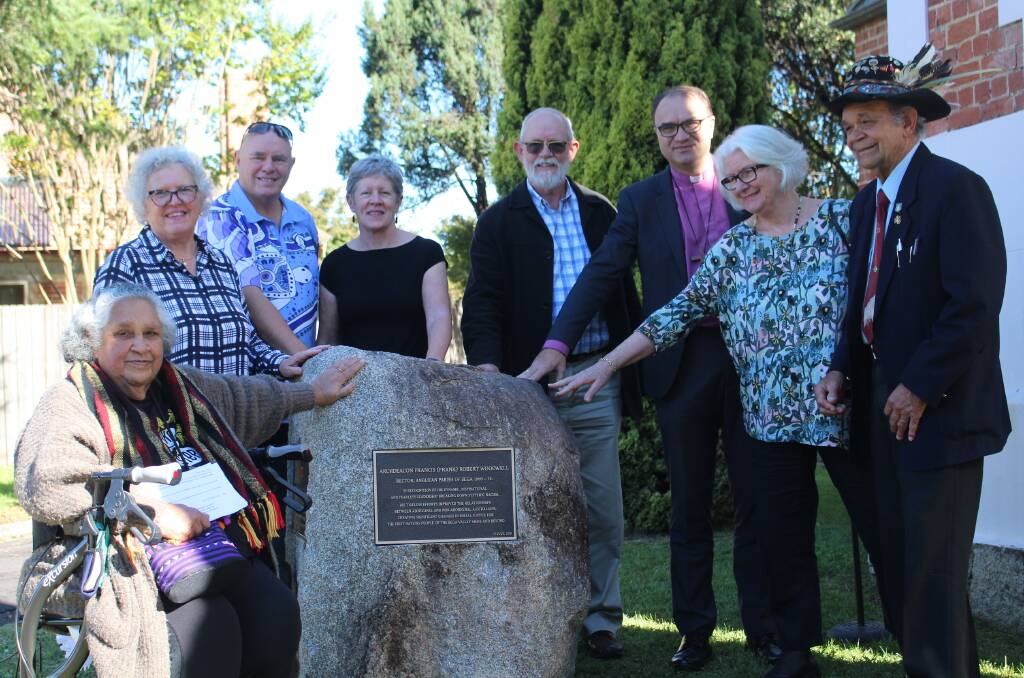 In memory of Frank Woodwell: Local representatives and Frank's children gather around the newly installed plaque at St John's Church, Bega. Photo: Amandine Ahrens