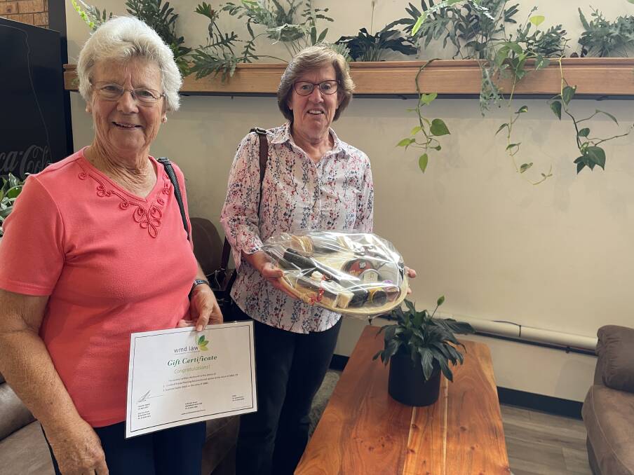 Beryl Cooper and Maz Hamilton two of the lucky door prize winners of the International Women's Day lunch at the Peanut Eatery, Bega on March 8, 2023. Picture by Amandine Ahrens. 