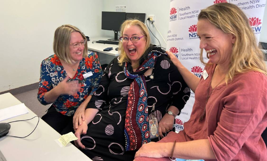 Claudia Stevenson, Amanda Gear, Hannah Bird from the District Midwifery team celebrate their win with excitement. Photo supplied.