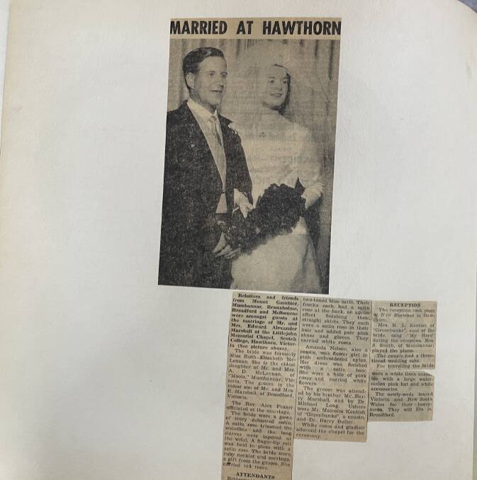 A newspaper clipping of Lex and Ruth Marshall's wedding at the Scotch College Chapel in Melbourne in March 1963. 