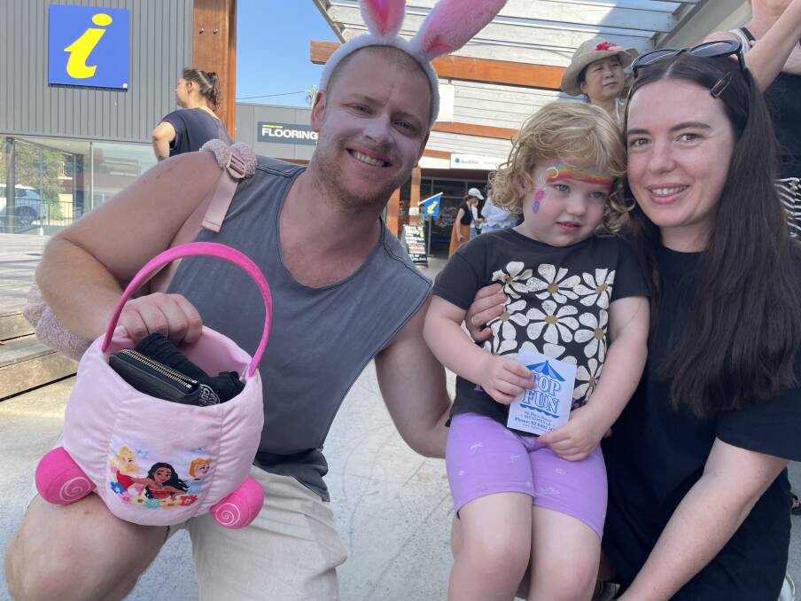 Jack and Harriet Reeves with Hannah Oxnam win the best dressed prize at the Easter in Merimbula event. Picture by Amandine Ahrens