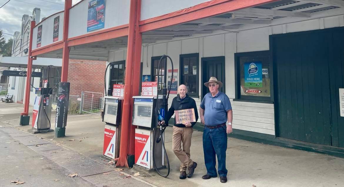 Eric Anderson and his good friend David Heffernan stand in front of the Candelo Service Station which has now passed onto new owners.