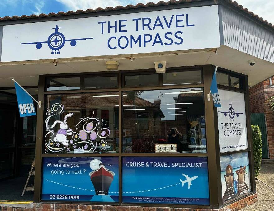 The Travel Compass in Merimbula boasting artworks by Netty Heinze-Graham for the Easter Windows initiative in Merimbula. Picture by Jess O'Donnell. 