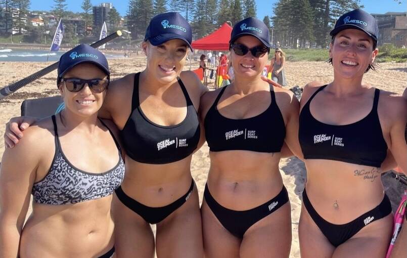 Pambula's Emma Prowse (second from right) was part of Broulee's Ocean Thunder rowing team last season, 2020. Photo supplied. 