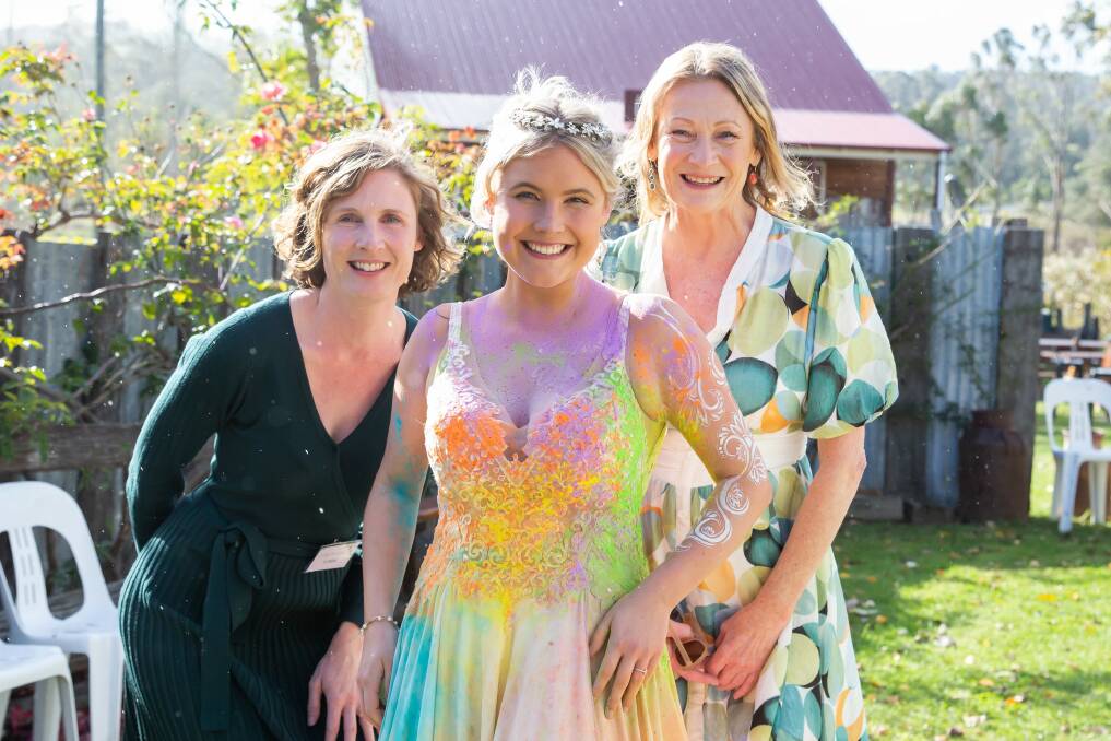 Carla and Cate from CC Bridal with ACM journalist Amandine Ahrens are all smiles after a successful fashion parade finale at the Oaklands Wedding and Events centre. Picture by Daisy Hill Photography. 