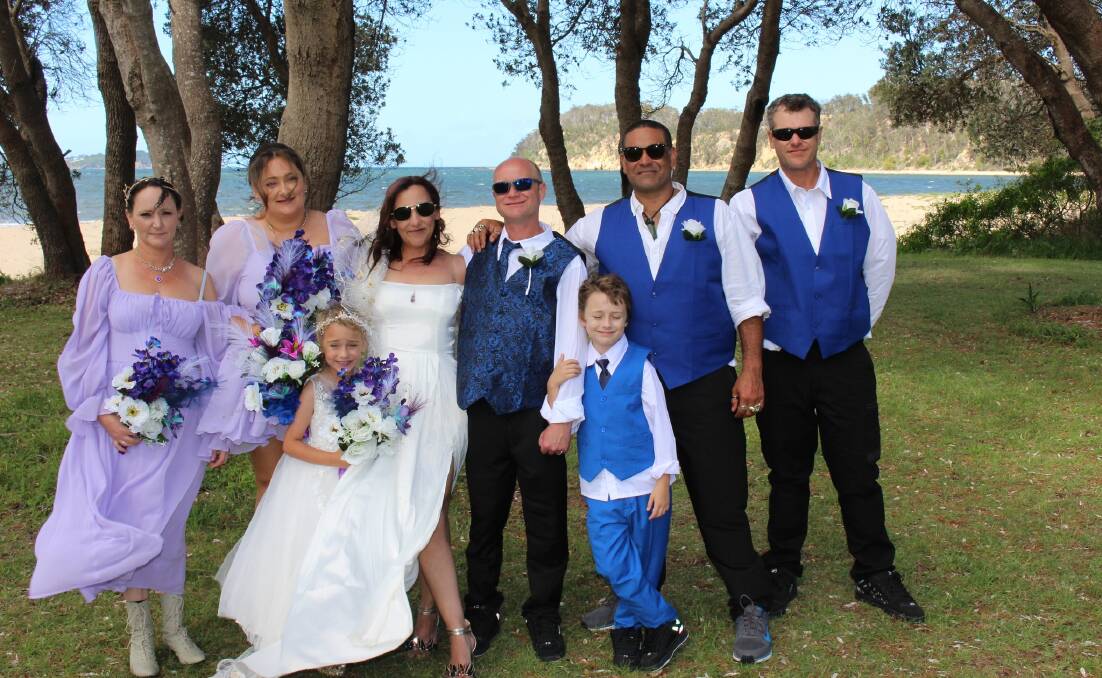 The wedding party of Stacey and Luke Thurling, married in their home at Eden on January 6, 2024. Picture taken at Seahorse Inn by Shane Bullock from Great Southern Trike Tours. 