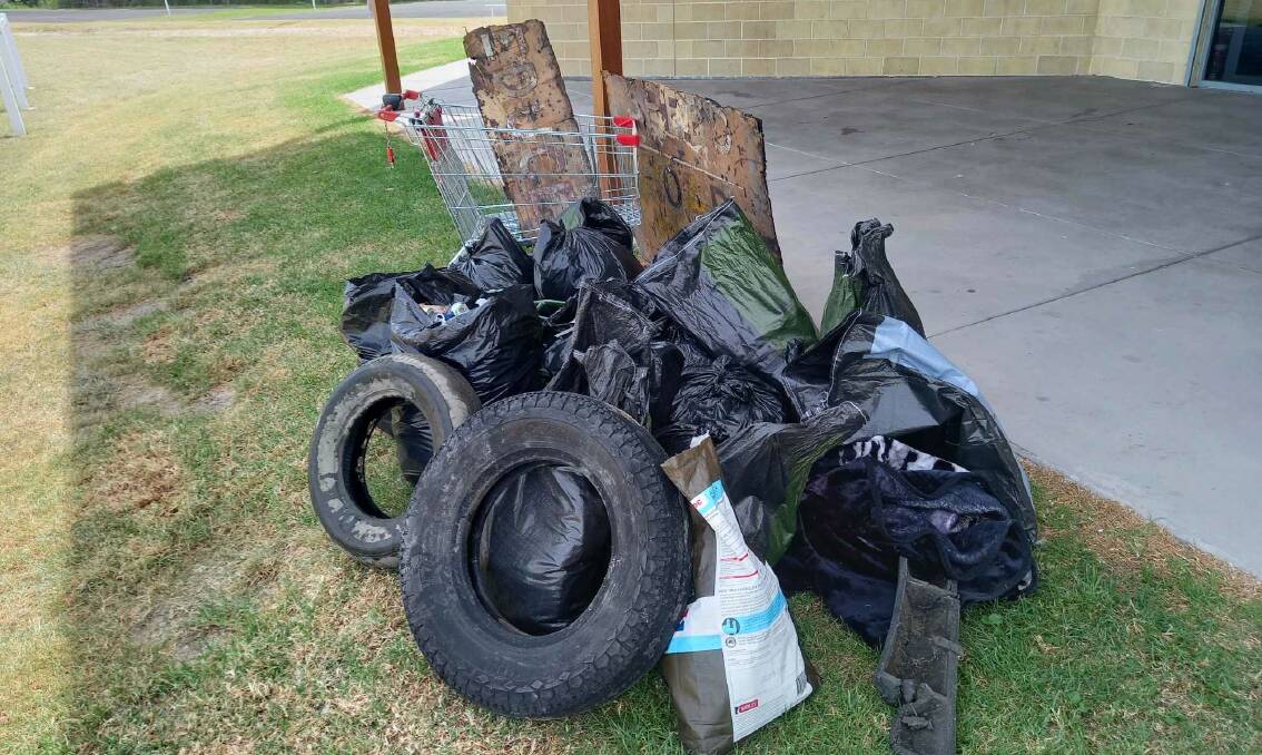 15 bags with rubbish, and found two tyres, bike frames, some timber and a Coles trolley were found in the Lake Curalo Community clean up on March 3, 2024. Picture supplied.