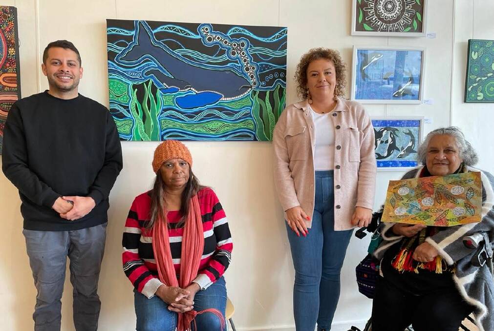 Indigenous artists unite: Marcus and Ellen Mundy, Emma Stewart and Aunty Colleen Dixon get together for the meet the artists event held at Spiral Gallery, May 28, 2022. 